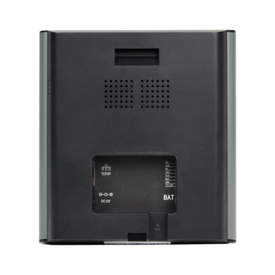 Dispositivo eletrónico preto com painel e texto TCP/IP, DC12V, BAT