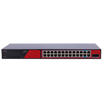 Switch de rede Ubiquiti EdgeSwitch preto e vermelho com 24 portas Ethernet.