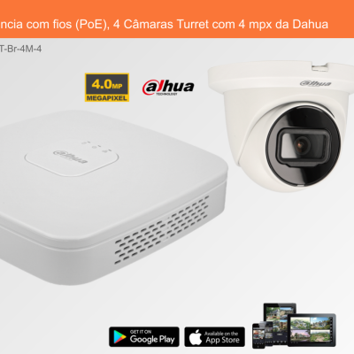 Sistema de Videovigilância com fios (PoE), 4 Câmaras Turret com 4 mpx da Dahua Sistema de Videovigilância com fios (PoE), 4 Câmaras Turret com 4 mpx da Dahua
