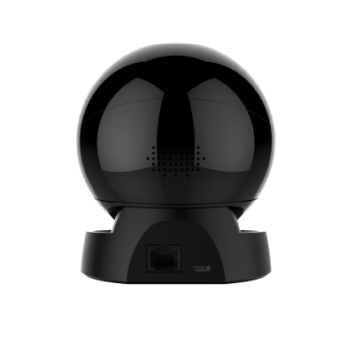 Câmara de segurança preta com base e conectores na parte traseira