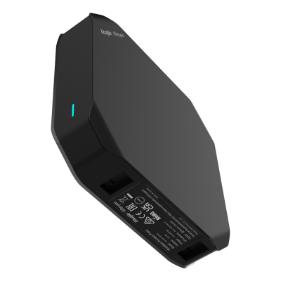 Dispositivo eletrônico preto com indicador azul e texto técnico, fundo branco