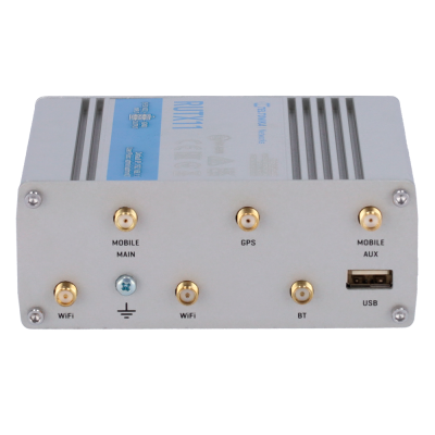 Dispositivo eletrónico cinzento com conetores rotulados e porta USB