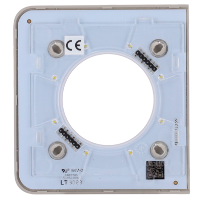 Placa quadrada branca com estrutura transparente e parafusos