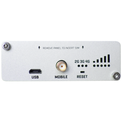 Painel frontal de dispositivo eletrónico com USB, MOBILE, RESET e indicadores de sinal 2G 3G 4G