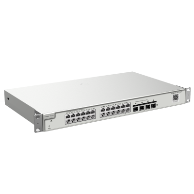 Comutador de rede branco metálico com portas Ethernet e SFP