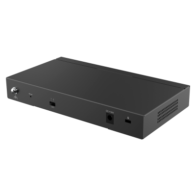 Aparelho eletrónico rectangular preto com portas e ventilação lateral