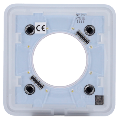 Base quadrada plástica branca com componentes eletrónicos e etiqueta CE