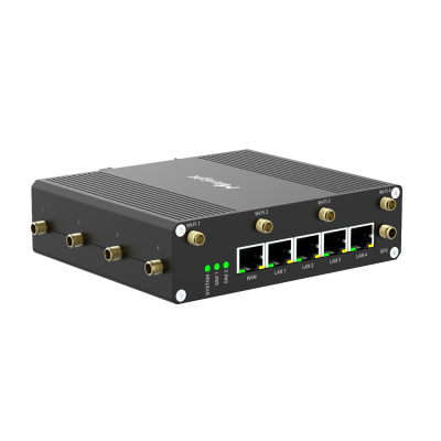 Roteador preto com portas RJ45, conectores dourados e LEDs verdes