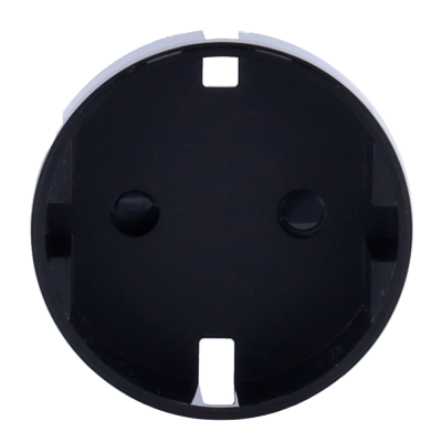 Tomada elétrica redonda preta de plástico com duas aberturas circulares e uma retangular