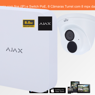 Sistema de Videovigilância com fios (IP) e Switch PoE, 8 Câmaras Turret com 8 mpx da Ajax