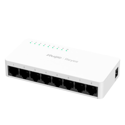 Comutador de rede branco com oito portas Ethernet e luzes LED verdes