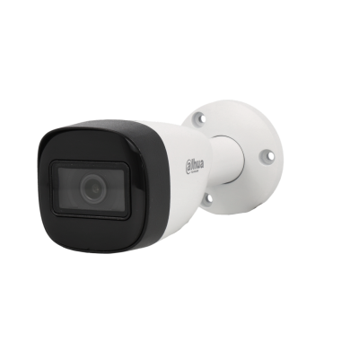Câmara de segurança bullet Dahua branca e preta com suporte de montagem