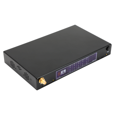 Receptor digital preto com placa frontal azul e conector dourado