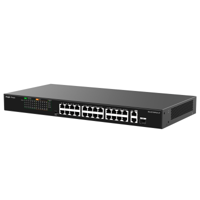 Switch de rede preto com 24 portas Ethernet e luzes LED