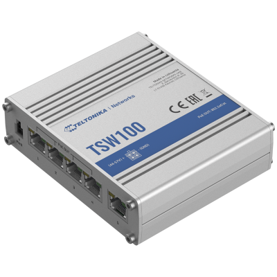 Switch de rede Teltonika TSW100 prateado com cinco portas Ethernet