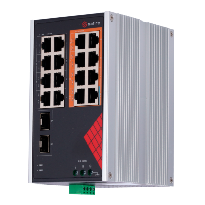 Switch Safire de Alimentação AC industrial 90~264V 16 portas Gigabit + 2 SFPs Gigabit 6 Portas PoE+ 30W + 2 Portas Hi-PoE 60W-Safire SF-SWI1808HIPOE-GF-AC-130-DIN