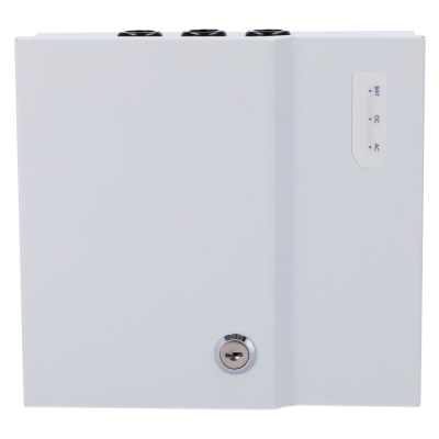 Caixa metálica branca com fechadura e etiquetas de símbolos