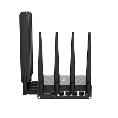 Router Wi-Fi com 4 antenas pretas e portas LAN e WAN