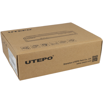 Caixa de cartão castanha da marca UTEPO com texto preto e código QR