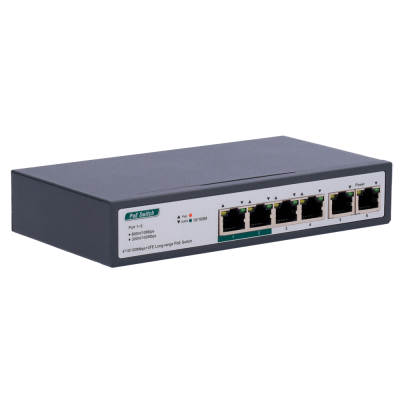 Switch de rede Ethernet cinzento com 5 portas RJ45 e etiquetas