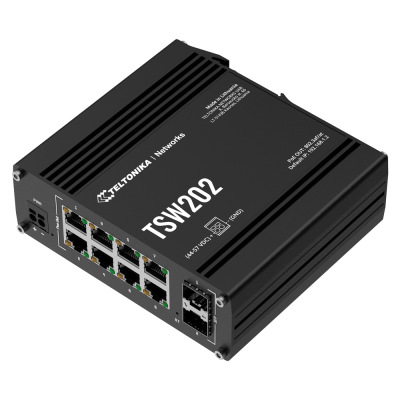 Switch de rede Teltonika Networks TSW202 preto com várias portas Ethernet