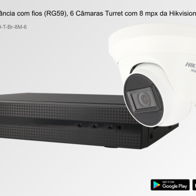 Sistema de Videovigilância com fios (RG59), 6 Câmaras Turret com 8 mpx da Hikvision