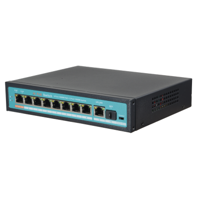 Switch de rede preto com 8 portas Ethernet e painel frontal azul