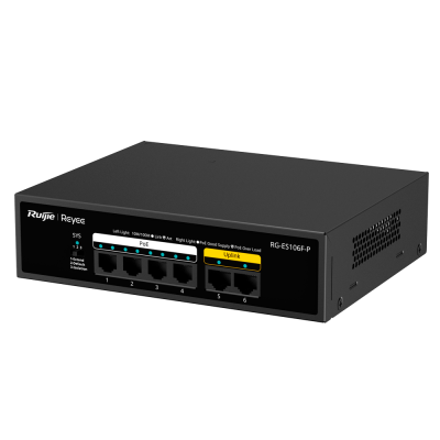 Switch de rede preto com portas PoE e indicadores LED