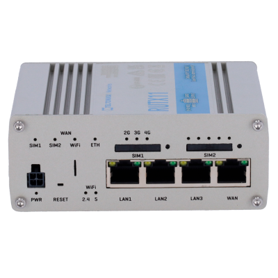 roteador industrial metálico com portas LAN, WAN e SIM, LED indicadores e botões