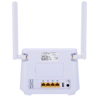 roteador wireless branco com quatro portas Ethernet e duas antenas