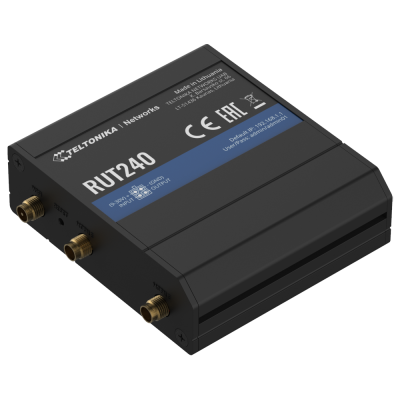 Roteador Teltonika RUT240 preto com antenas douradas e etiquetas informativas.