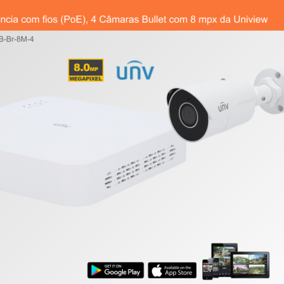 Sistema de Videovigilância com fios (PoE), 4 Câmaras Bullet com 8 mpx da Uniview