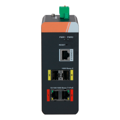 Switch de rede industrial preto com portas de conexão e indicadores de energia