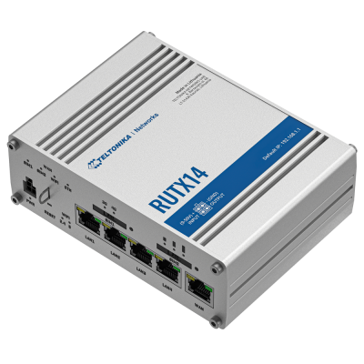 Roteador Teltonika RUTX14 cinza com quatro portas LAN e uma WAN
