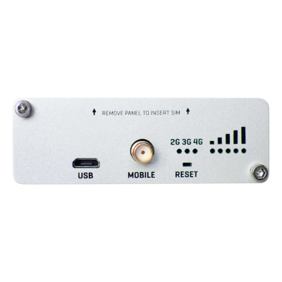 Painel frontal de dispositivo electrónico com porta USB, conector mobile, botão reset e indicador de sinal