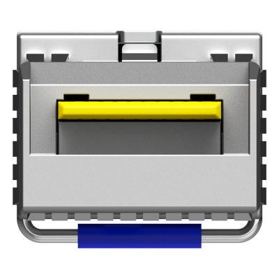 Conector elétrico cinzento com botão amarelo e detalhes azuis