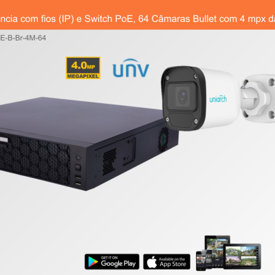 Sistema de Videovigilância com fios (IP) e Switch PoE, 64 Câmaras Bullet com 4 mpx da Uniview