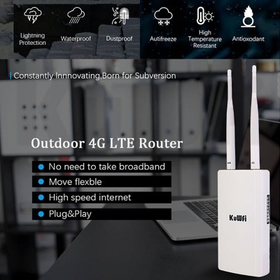 Router exterior 4G LTE branco com duas antenas vertical, ícones de proteção e texto informativo em inglês.