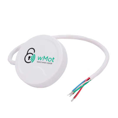 Dispositivo eletrónico redondo branco com cabos coloridos