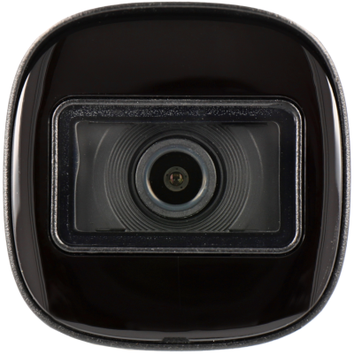 Câmara de segurança quadrada preta com lente central visível