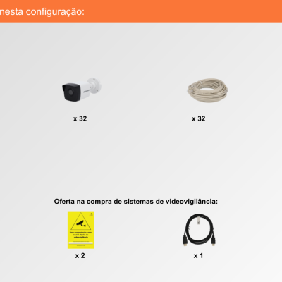 Sistema de Videovigilância com fios (IP) e Switch PoE, 32 Câmaras Bullet com 2 mpx da Hikvision