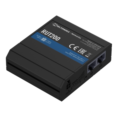 Roteador preto Teltonika RUT200 com portas Ethernet e etiquetas azuis e pretas