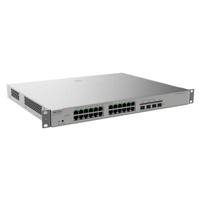 Switch de rede metálico cinza com 24 portas Ethernet e 8 portas SFP.