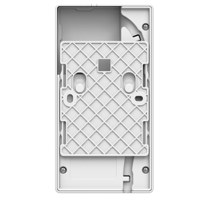 Caixa branca retangular com textura e orifícios em fundo preto