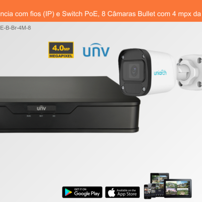 Sistema de Videovigilância com fios (IP) e Switch PoE, 8 Câmaras Bullet com 4 mpx da Uniview