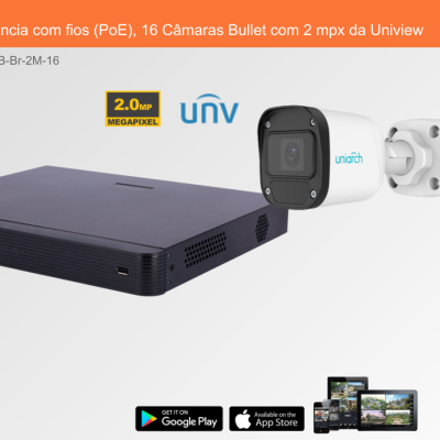 Sistema de Videovigilância com fios (PoE), 16 Câmaras Bullet com 2 mpx da Uniview