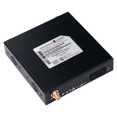 Roteador Wi-Fi global preto com etiqueta branca e porta SIM