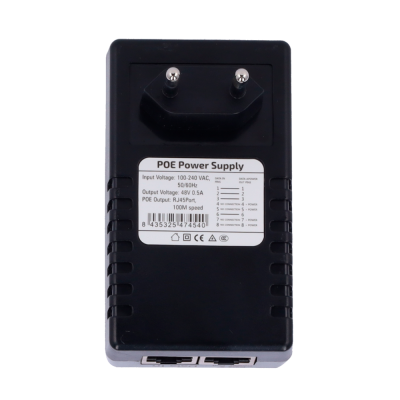 Fonte de alimentação POE preta com ficha de dois pinos e etiqueta branca