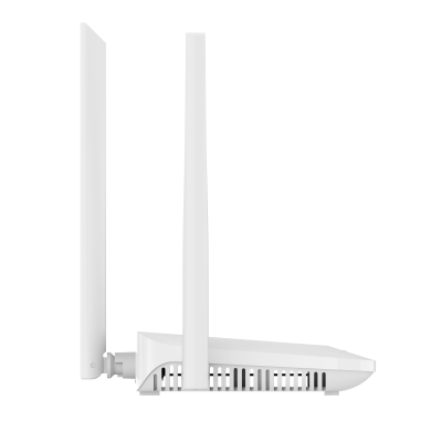 Roteador Wi-Fi branco com duas antenas verticais e cabo