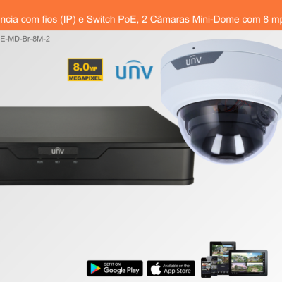 Sistema de Videovigilância com fios (IP) e Switch PoE, 2 Câmaras Mini-Dome com 8 mpx da Uniview